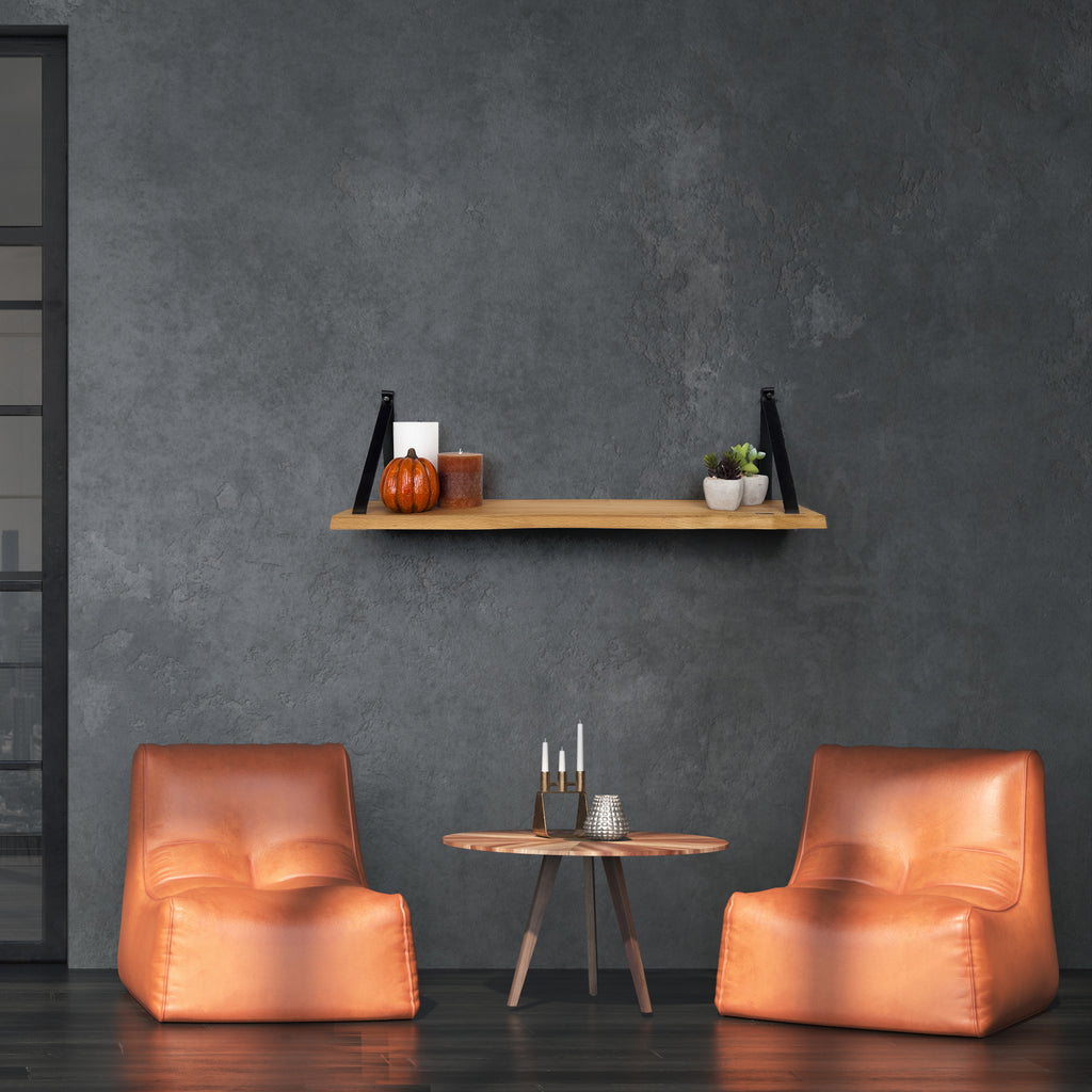 Wandplank 69 CM - Zwevende Boekenplank Met Zwarte Leren Riemen - Massief Hout
