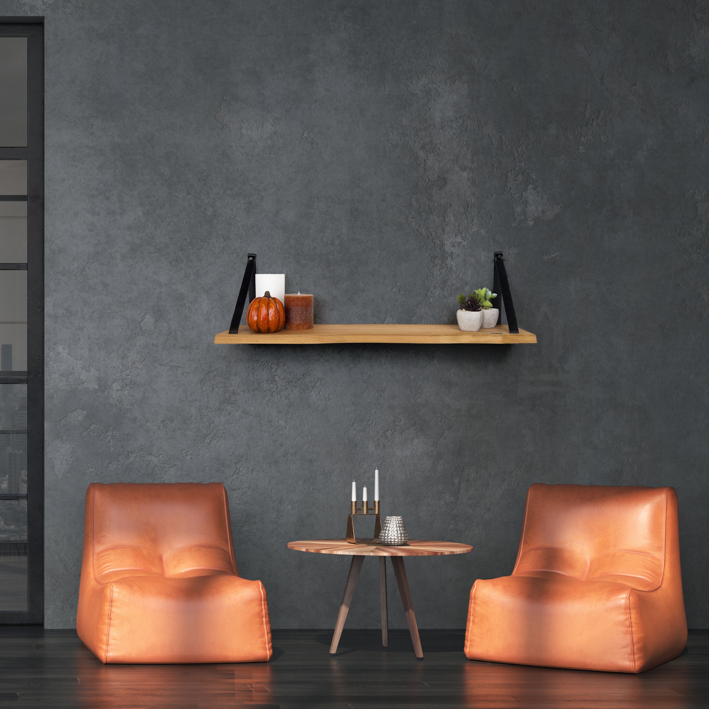Wandplank 69 CM - Zwevende Boekenplank Met Zwarte Leren Riemen - Massief Hout