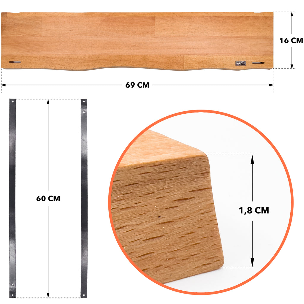 Wandplank 69 CM - Zwevende Boekenplank Met Zwarte Leren Riemen - Massief Hout