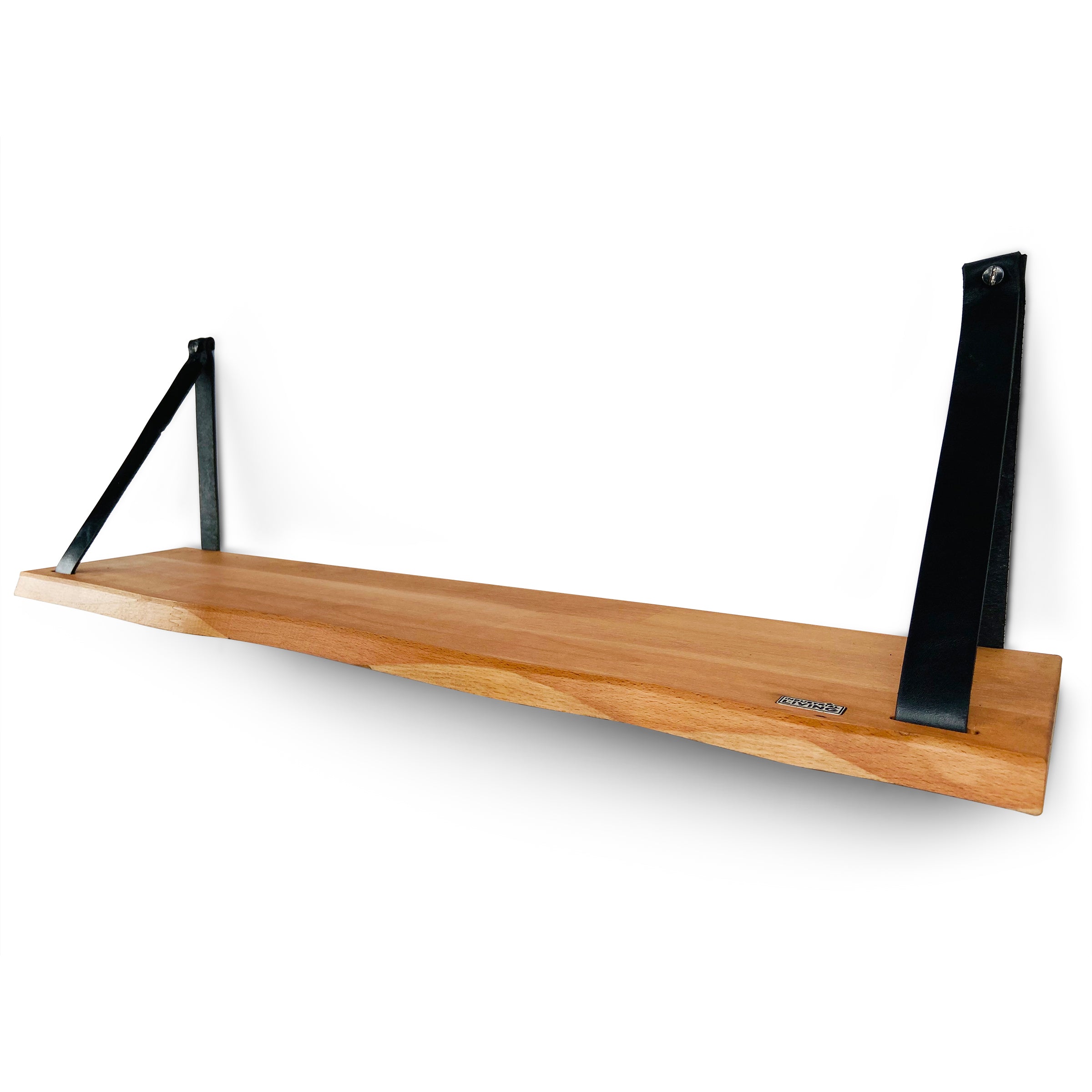 Wandplank 69 CM - Zwevende Boekenplank Met Zwarte Leren Riemen - Massief Hout
