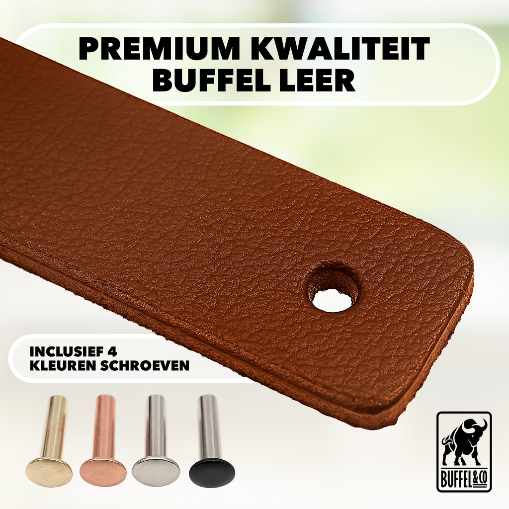 Leren Handgrepen 6 stuks – Meubelgreep – Handvaten Kast – Keukengreep – Ladegreep – Leren Lus – Incl. Sierschroeven – 100% Buffel Leer - Cognac