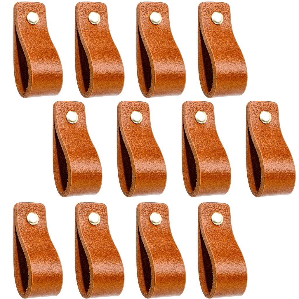 Leren Handgrepen 12 stuks – Meubelgreep – Handvaten Kast – Keukengreep – Ladegreep – Leren Lus – Incl. Sierschroeven – 100% Buffel Leer - Cognac