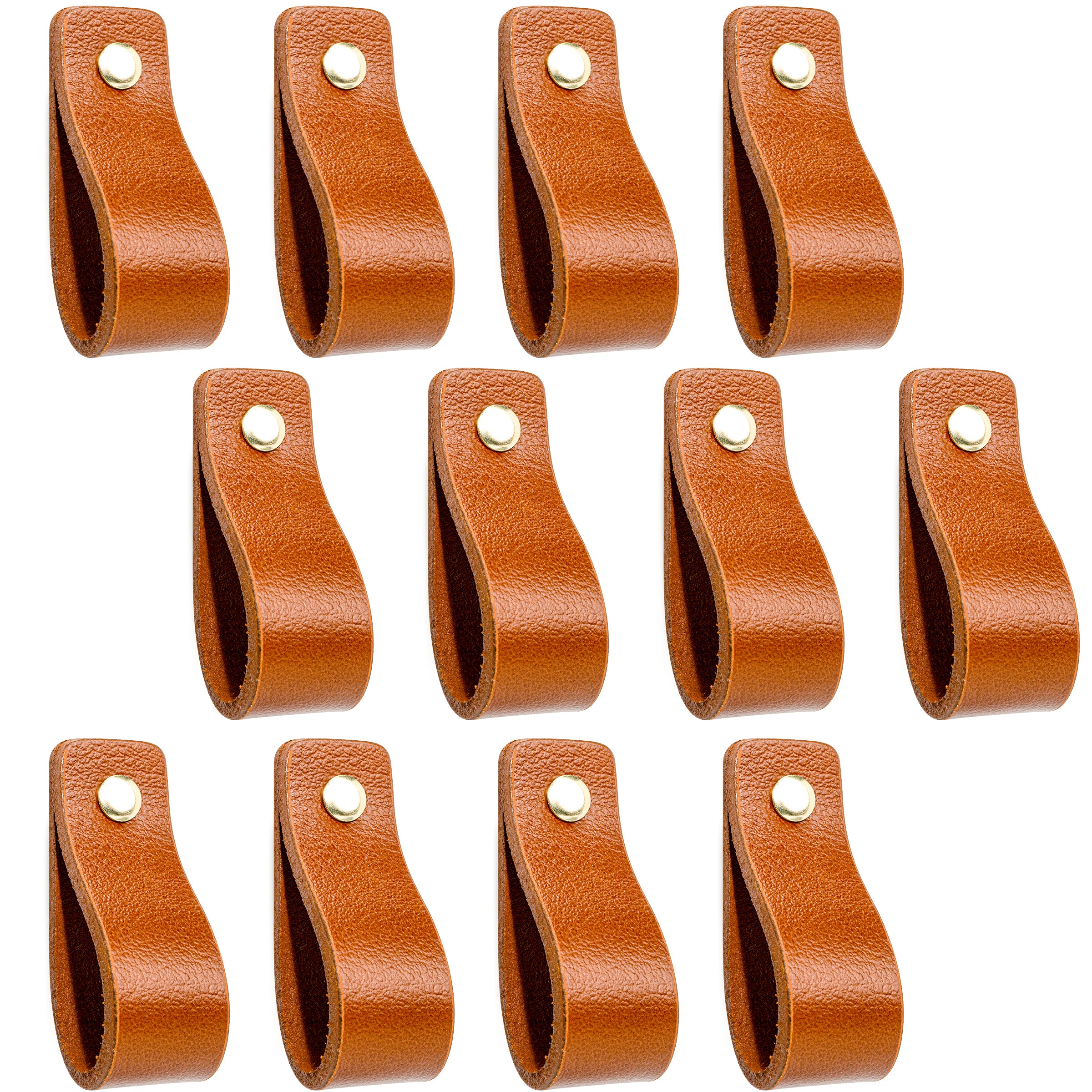 Leren Handgrepen 12 stuks – Meubelgreep – Handvaten Kast – Keukengreep – Ladegreep – Leren Lus – Incl. Sierschroeven – 100% Buffel Leer - Cognac