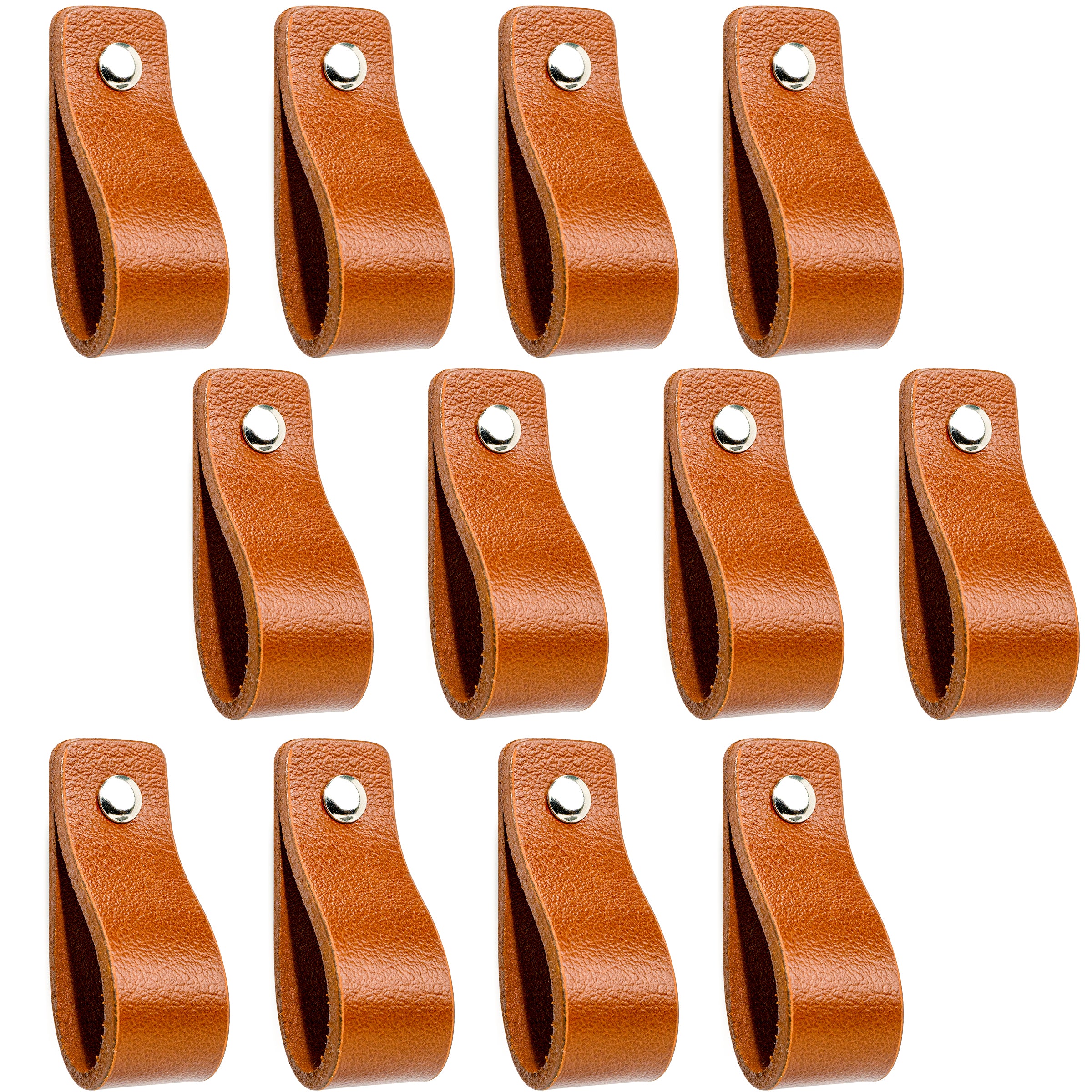 Leren Handgrepen 12 stuks – Meubelgreep – Handvaten Kast – Keukengreep – Ladegreep – Leren Lus – Incl. Sierschroeven – 100% Buffel Leer - Cognac