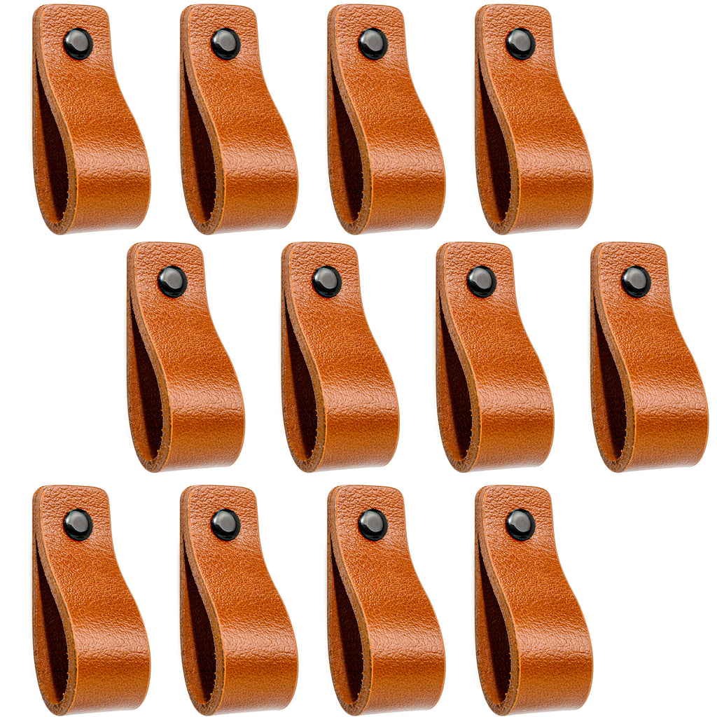 Leren Handgrepen 12 stuks – Meubelgreep – Handvaten Kast – Keukengreep – Ladegreep – Leren Lus – Incl. Sierschroeven – 100% Buffel Leer - Cognac