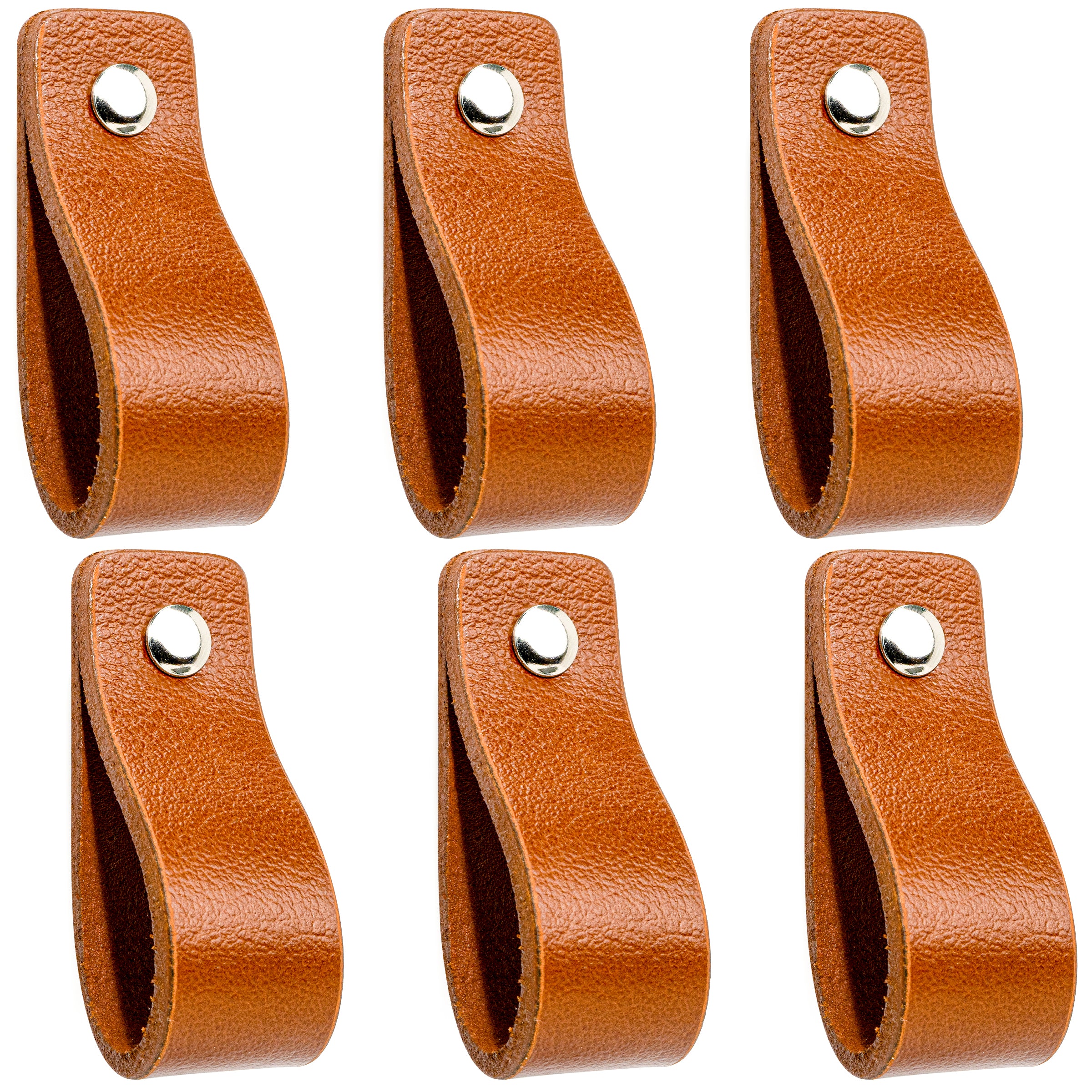 Leren Handgrepen 6 stuks – Meubelgreep – Handvaten Kast – Keukengreep – Ladegreep – Leren Lus – Incl. Sierschroeven – 100% Buffel Leer - Cognac