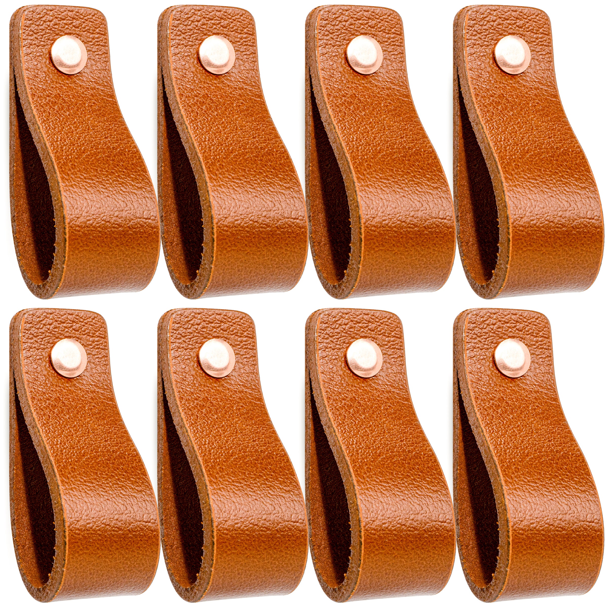 Leren Handgrepen 8 stuks – Meubelgreep – Handvaten Kast – Keukengreep – Ladegreep – Leren Lus – Incl. Sierschroeven – 100% Buffel Leer - Cognac
