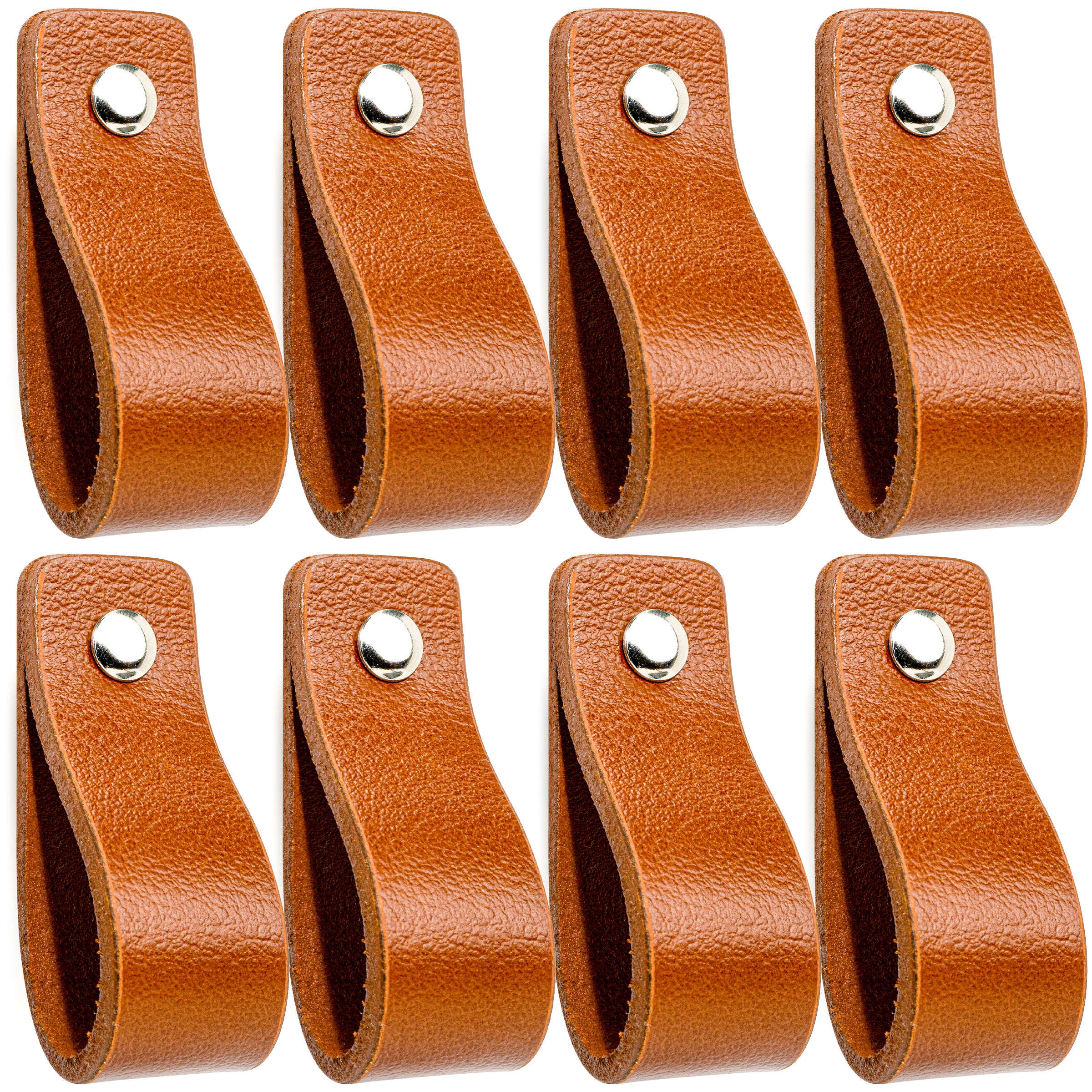 Leren Handgrepen 8 stuks – Meubelgreep – Handvaten Kast – Keukengreep – Ladegreep – Leren Lus – Incl. Sierschroeven – 100% Buffel Leer - Cognac