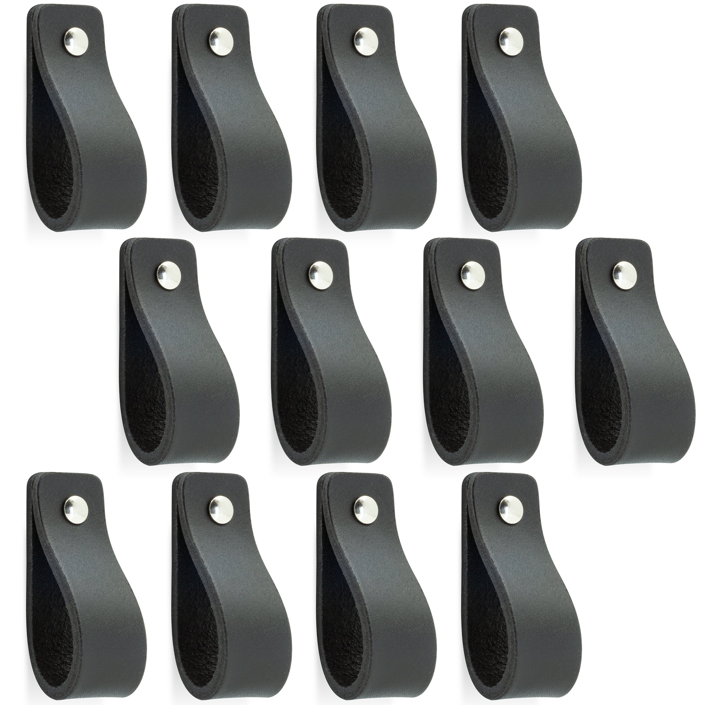 Leren Handgrepen 12 stuks – Meubelgreep – Handvaten Kast – Keukengreep – Ladegreep – Leren Lus – Incl. Sierschroeven – 100% Buffel Leer - Zwart