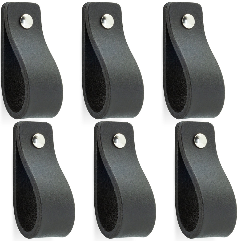 Leren Handgrepen 6 stuks – Meubelgreep – Handvaten Kast – Keukengreep – Ladegreep – Leren Lus – Incl. Sierschroeven – 100% Buffel Leer - Zwart