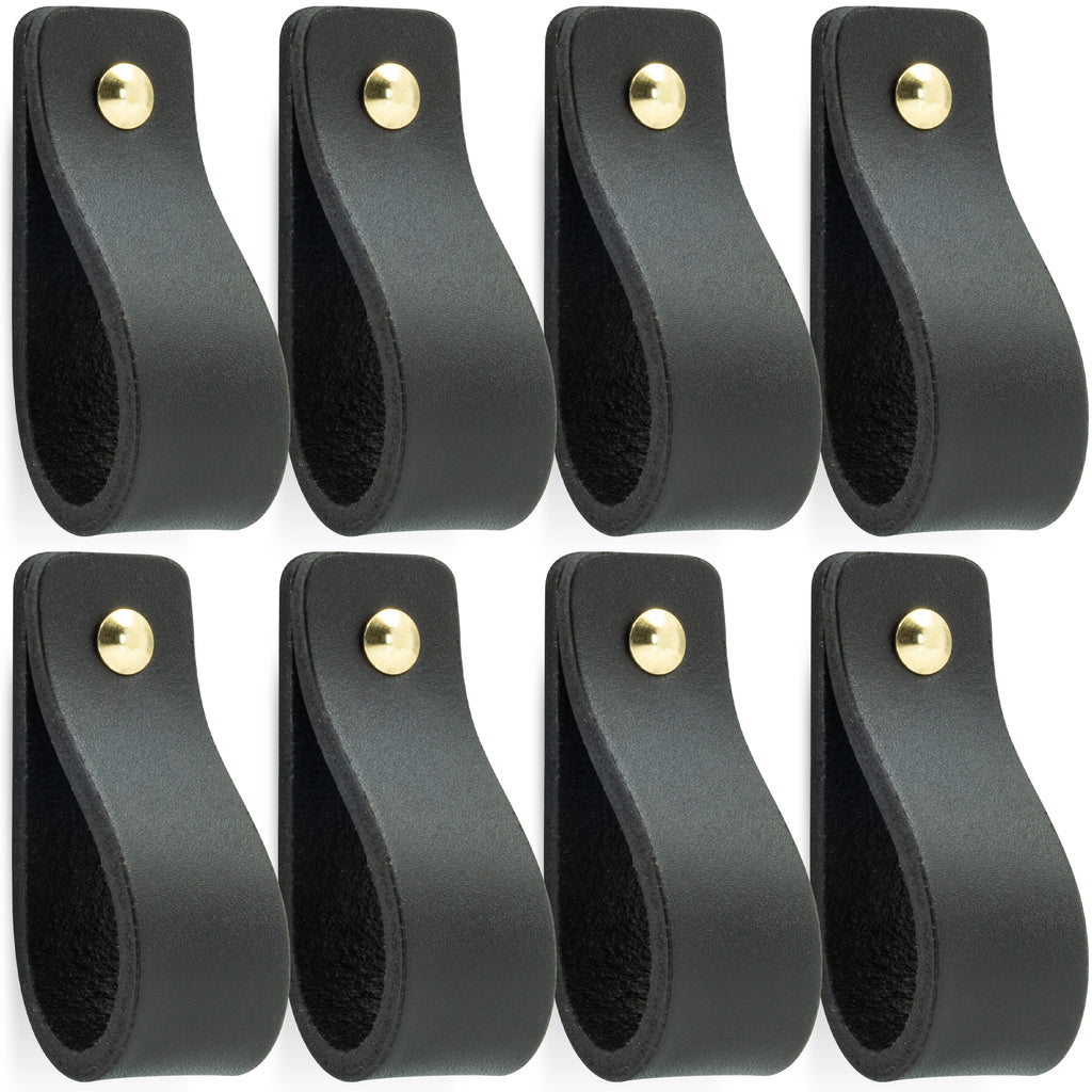 Leren Handgrepen 8 stuks – Meubelgreep – Handvaten Kast – Keukengreep – Ladegreep – Leren Lus – Incl. Sierschroeven – 100% Buffel Leer - Zwart