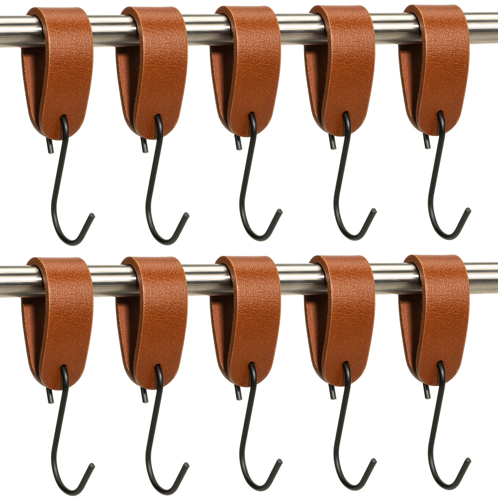 Ophanghaken 10 stuks - Leren S-haak hangers - Cognac - 15 x 2,5 cm – Handdoekhaakjes – Kapstokhaak