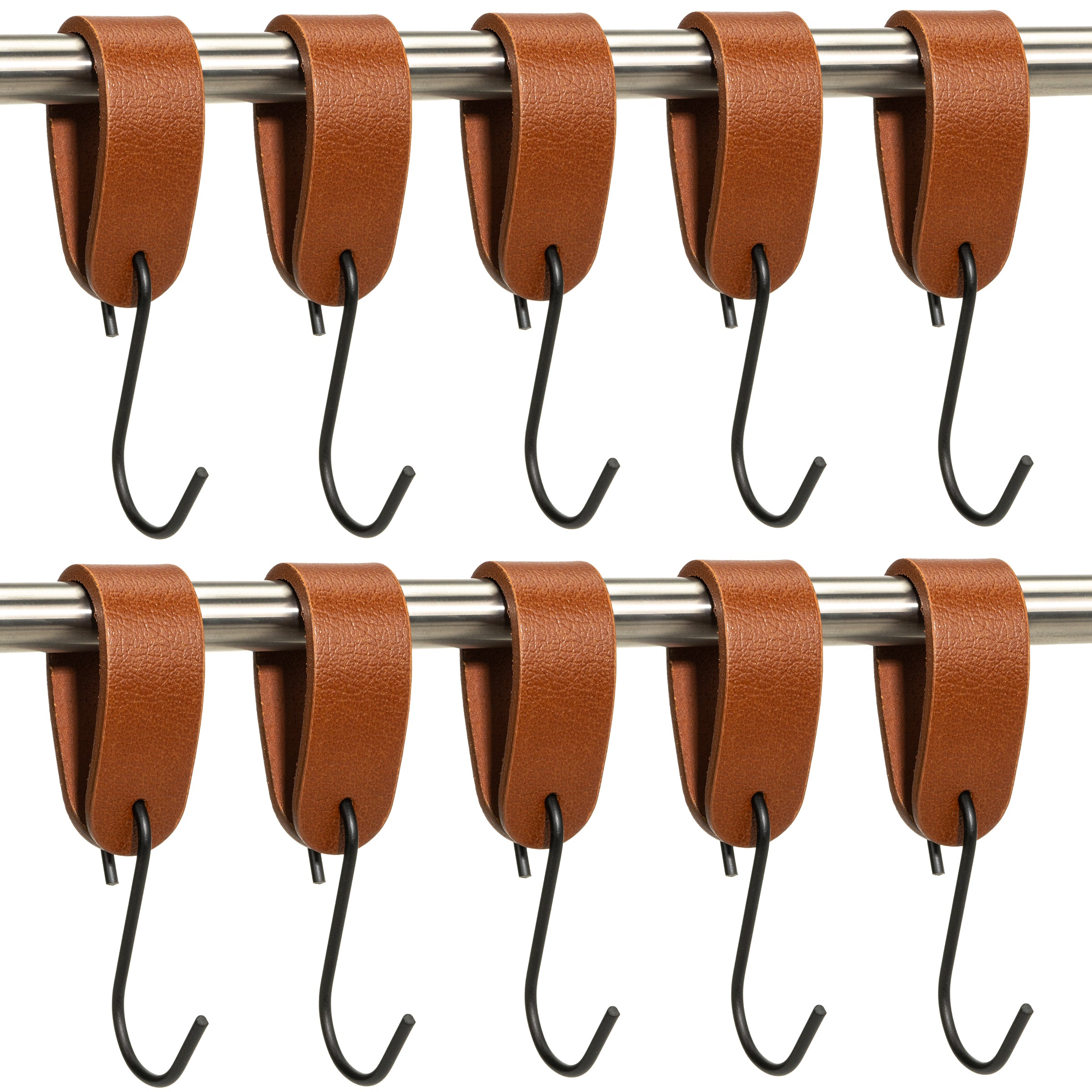 Ophanghaken 10 stuks - Leren S-haak hangers - Cognac - 15 x 2,5 cm – Handdoekhaakjes – Kapstokhaak