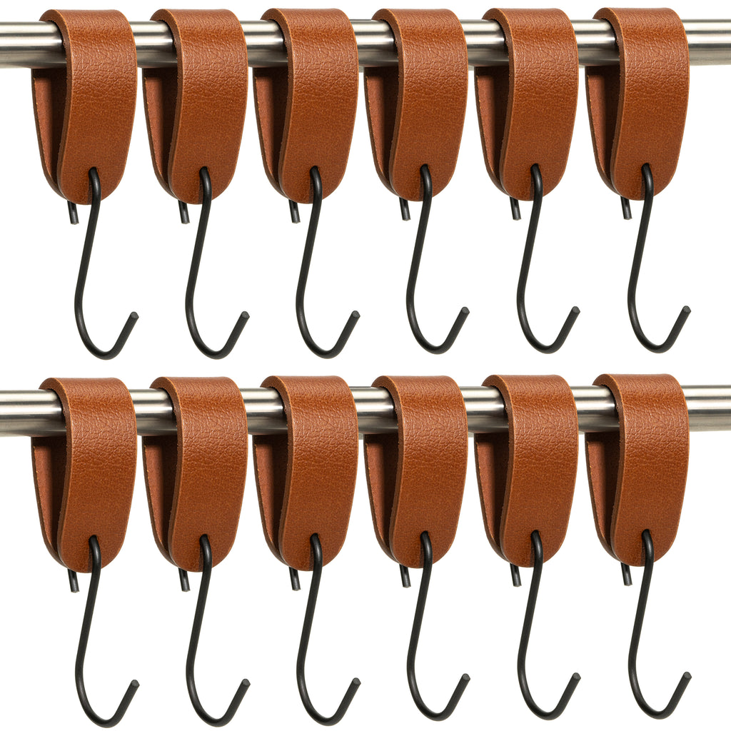 Ophanghaken 12 stuks - Leren S-haak hangers - Cognac - 15 x 2,5 cm – Handdoekhaakjes – Kapstokhaak