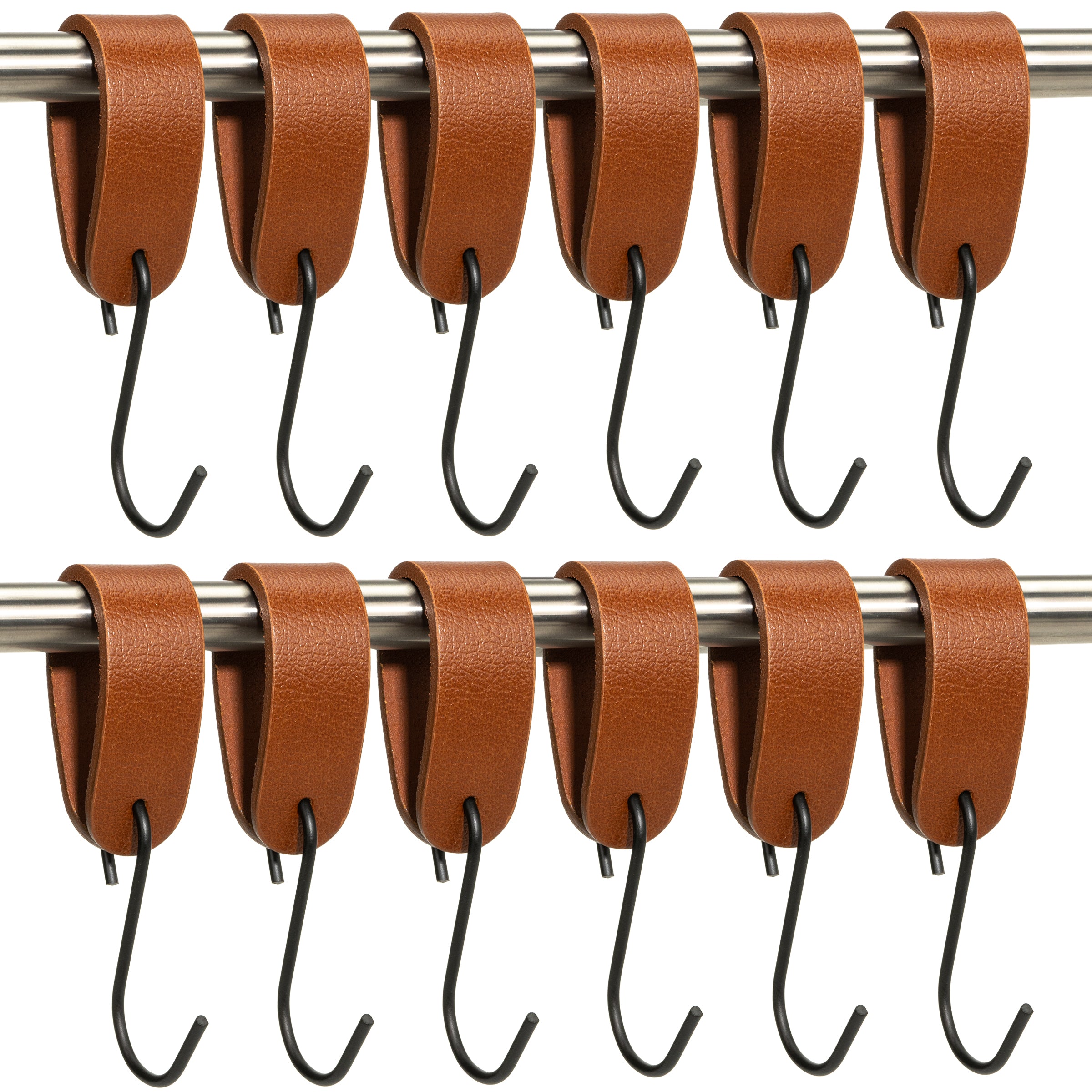 Ophanghaken 12 stuks - Leren S-haak hangers - Cognac - 15 x 2,5 cm – Handdoekhaakjes – Kapstokhaak