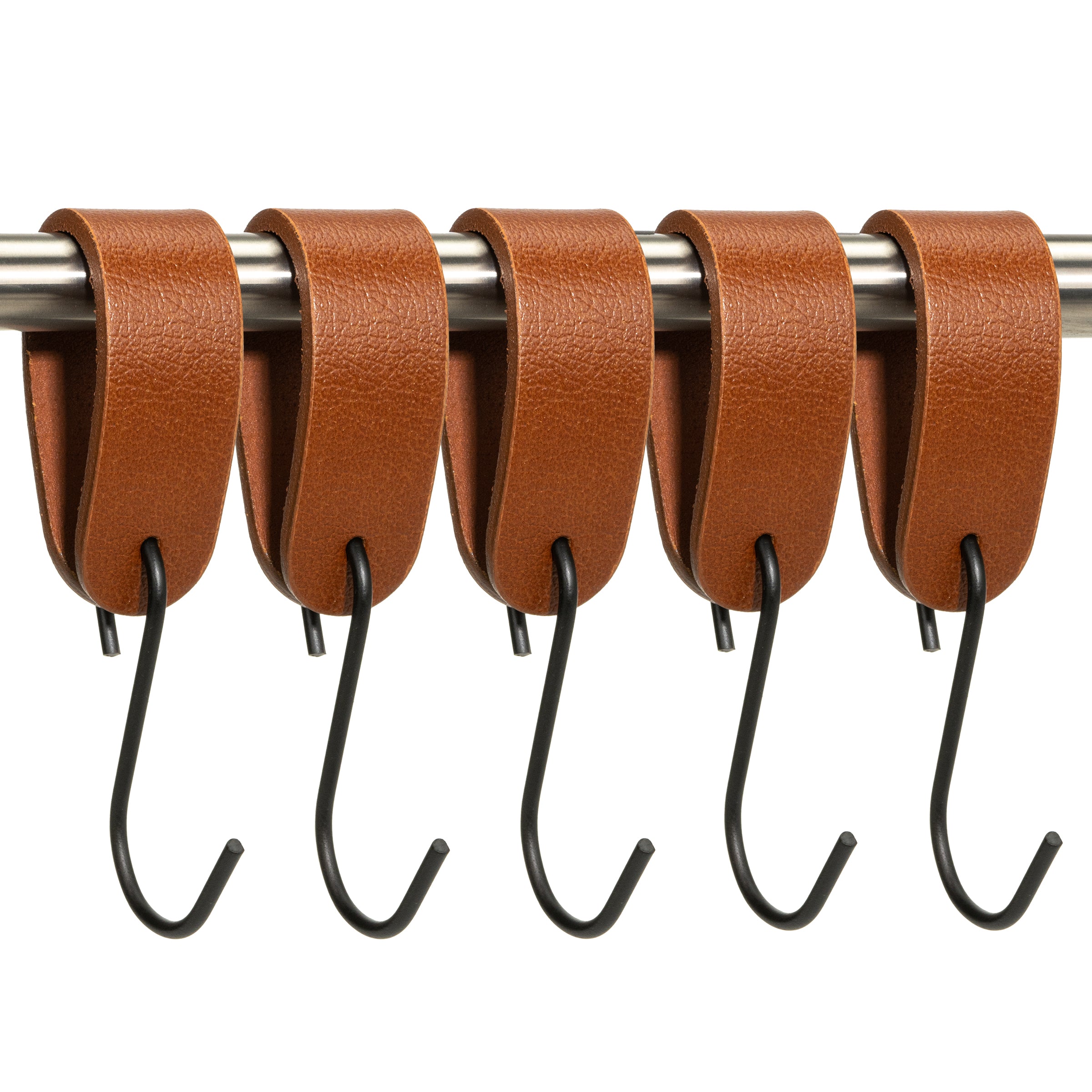 Ophanghaken 5 stuks - Leren S-haak hangers - Cognac - 15 x 2,5 cm – Handdoekhaakjes – Kapstokhaak