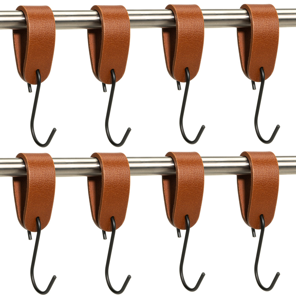 Ophanghaken 8 stuks - Leren S-haak hangers - Cognac - 15 x 2,5 cm – Handdoekhaakjes – Kapstokhaak