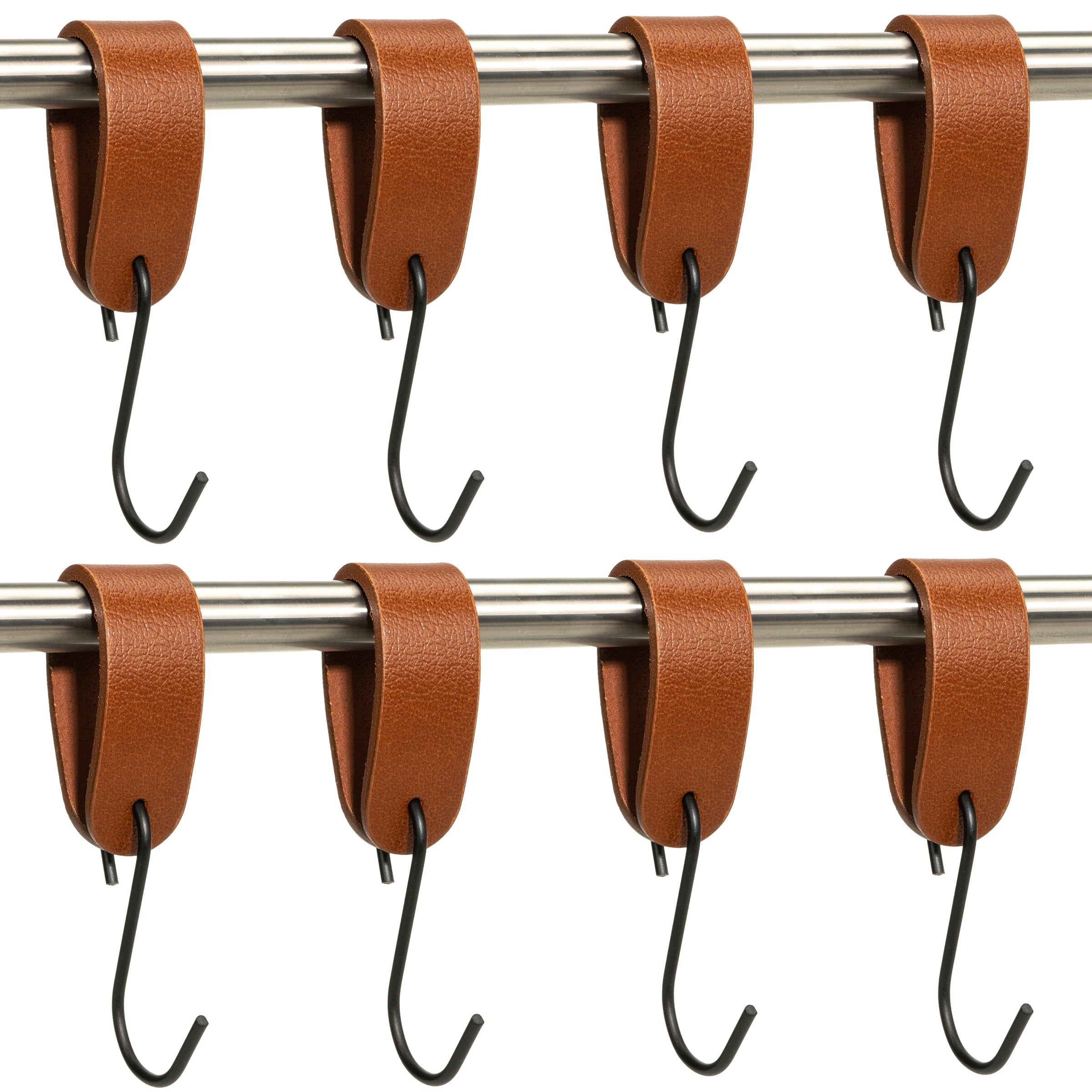 Ophanghaken 8 stuks - Leren S-haak hangers - Cognac - 15 x 2,5 cm – Handdoekhaakjes – Kapstokhaak