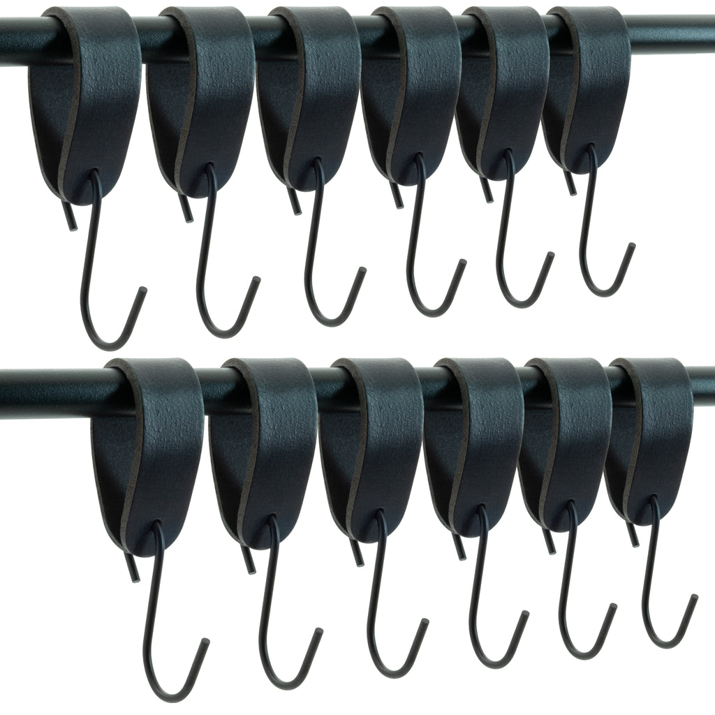 Ophanghaken 12 stuks - Leren S-haak hangers - Zwart - 15 x 2,5 cm – Handdoekhaakjes – Kapstokhaak