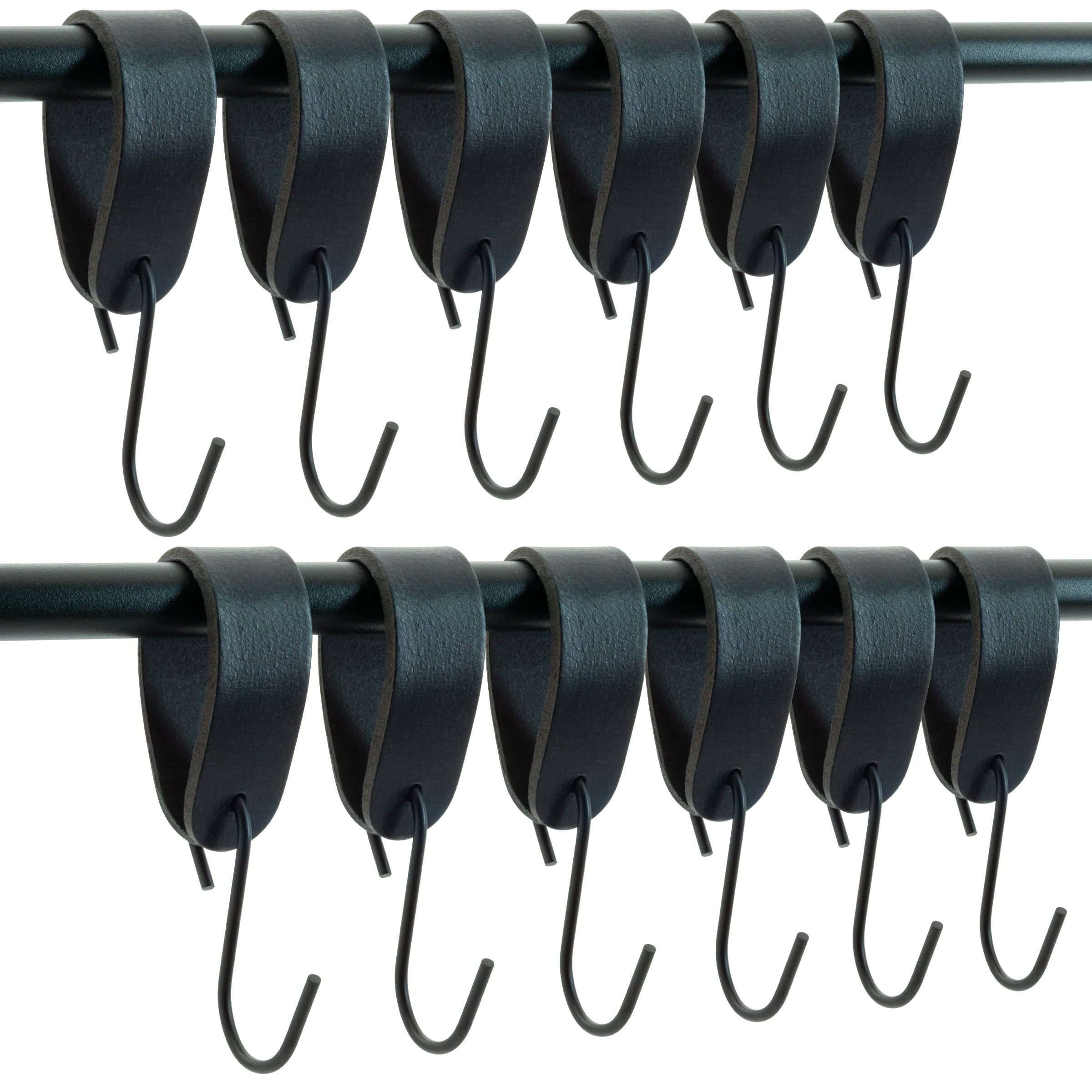 Ophanghaken 12 stuks - Leren S-haak hangers - Zwart - 15 x 2,5 cm – Handdoekhaakjes – Kapstokhaak
