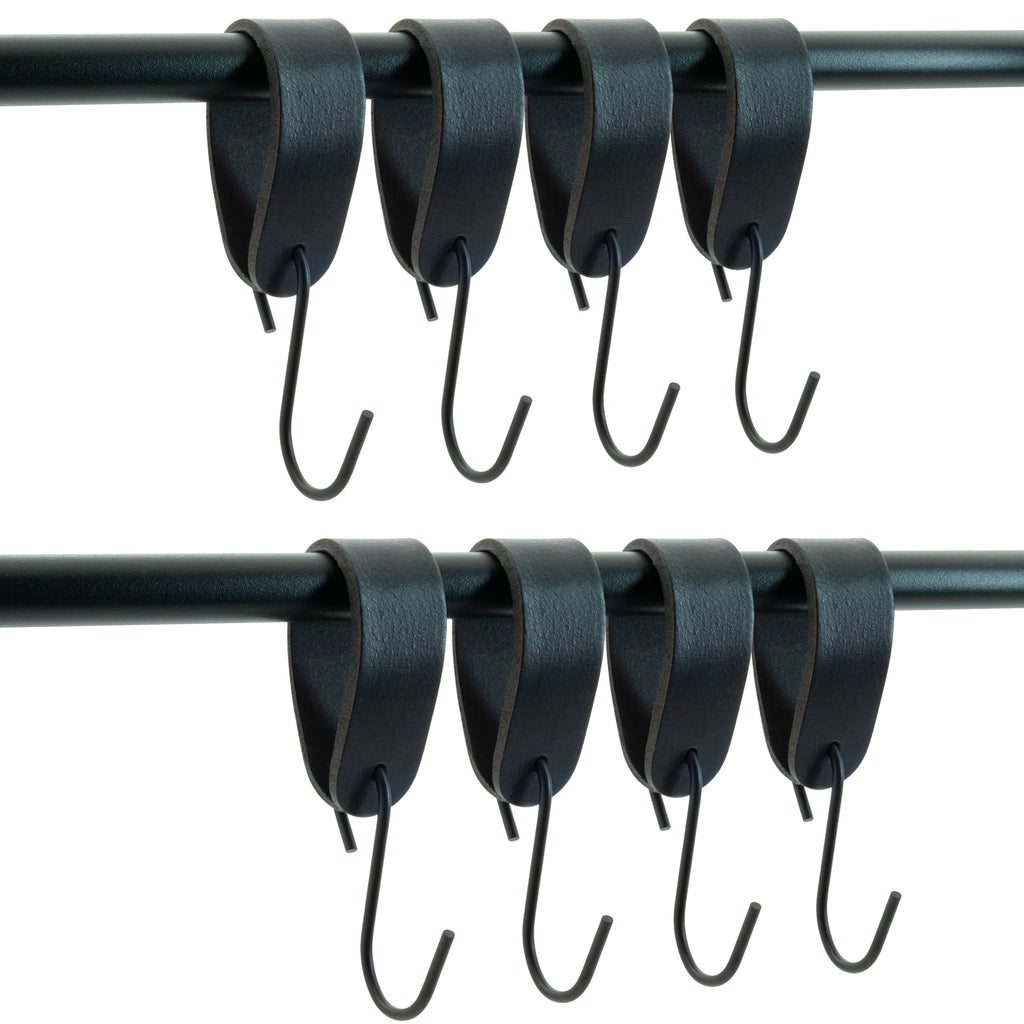 Ophanghaken 8 stuks - Leren S-haak hangers - Zwart - 15 x 2,5 cm – Handdoekhaakjes – Kapstokhaak