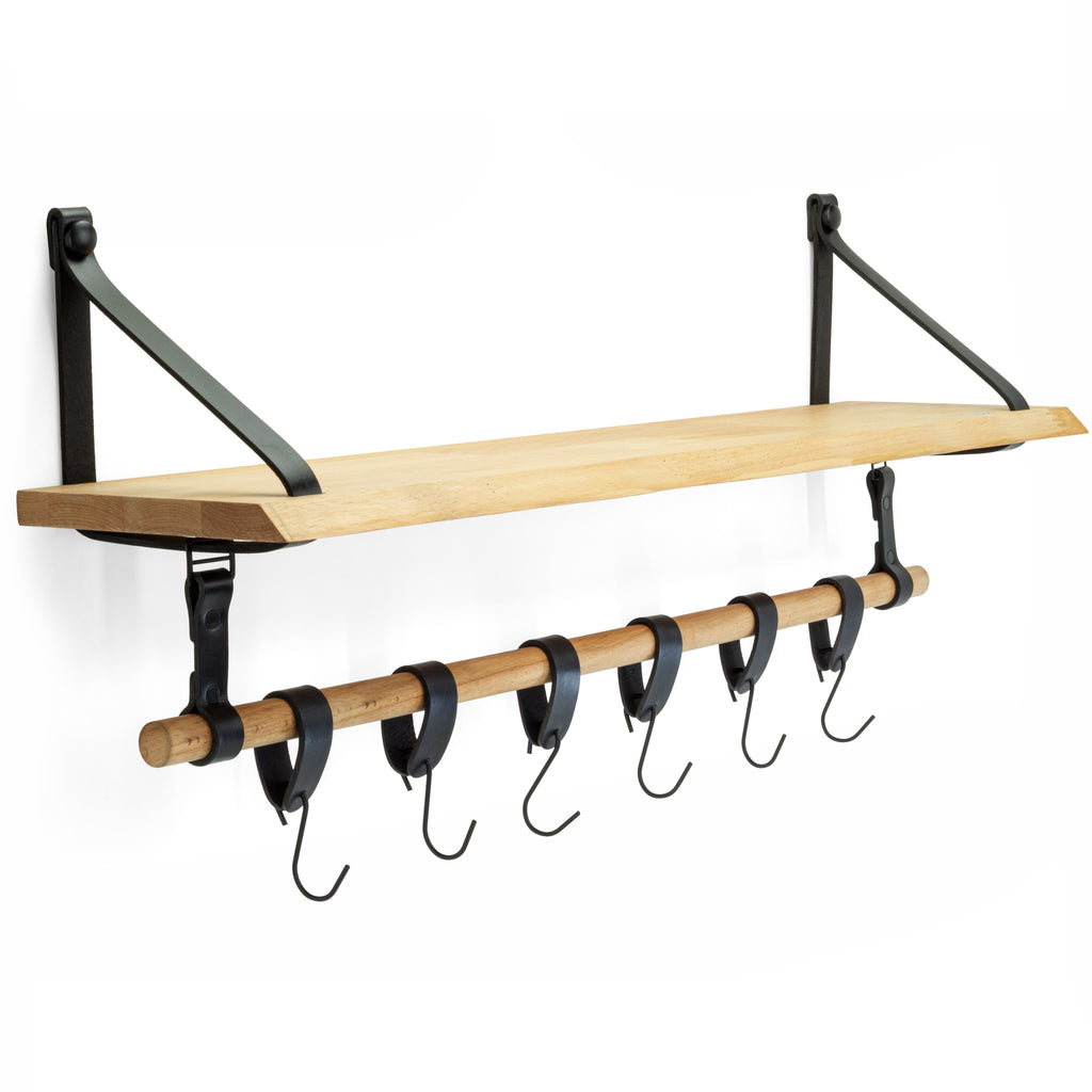 Luxe Wandrek – Wandplank met Leren Bevestiging – Keukenrek ophangbaar voor keukengerei incl. hangers – 100% Leer – Massief hout