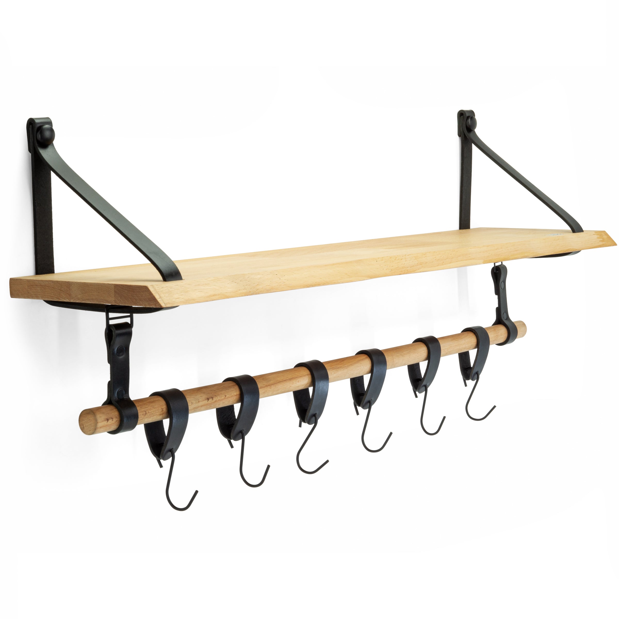 Luxe Wandrek – Wandplank met Leren Bevestiging – Keukenrek ophangbaar voor keukengerei incl. hangers – 100% Leer – Massief hout