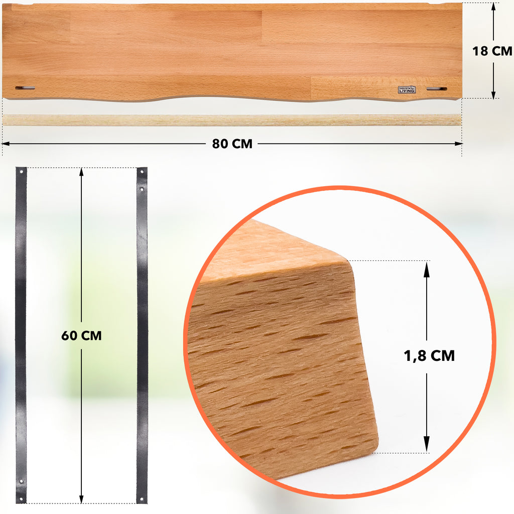 Luxe Wandrek – Wandplank met Leren Bevestiging – Keukenrek ophangbaar voor keukengerei incl. hangers – 100% Leer – Massief hout