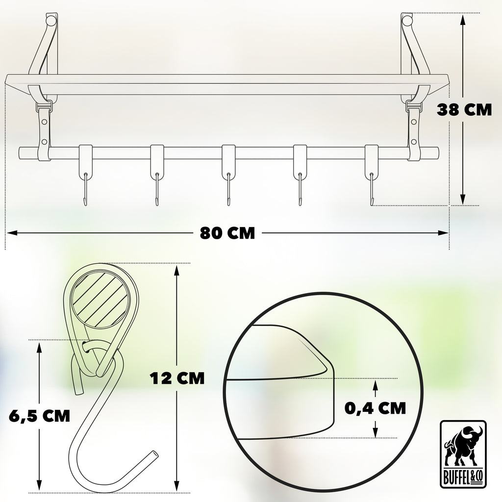 Luxe Wandrek – Wandplank met Leren Bevestiging – Keukenrek ophangbaar voor keukengerei incl. hangers – 100% Leer – Massief hout
