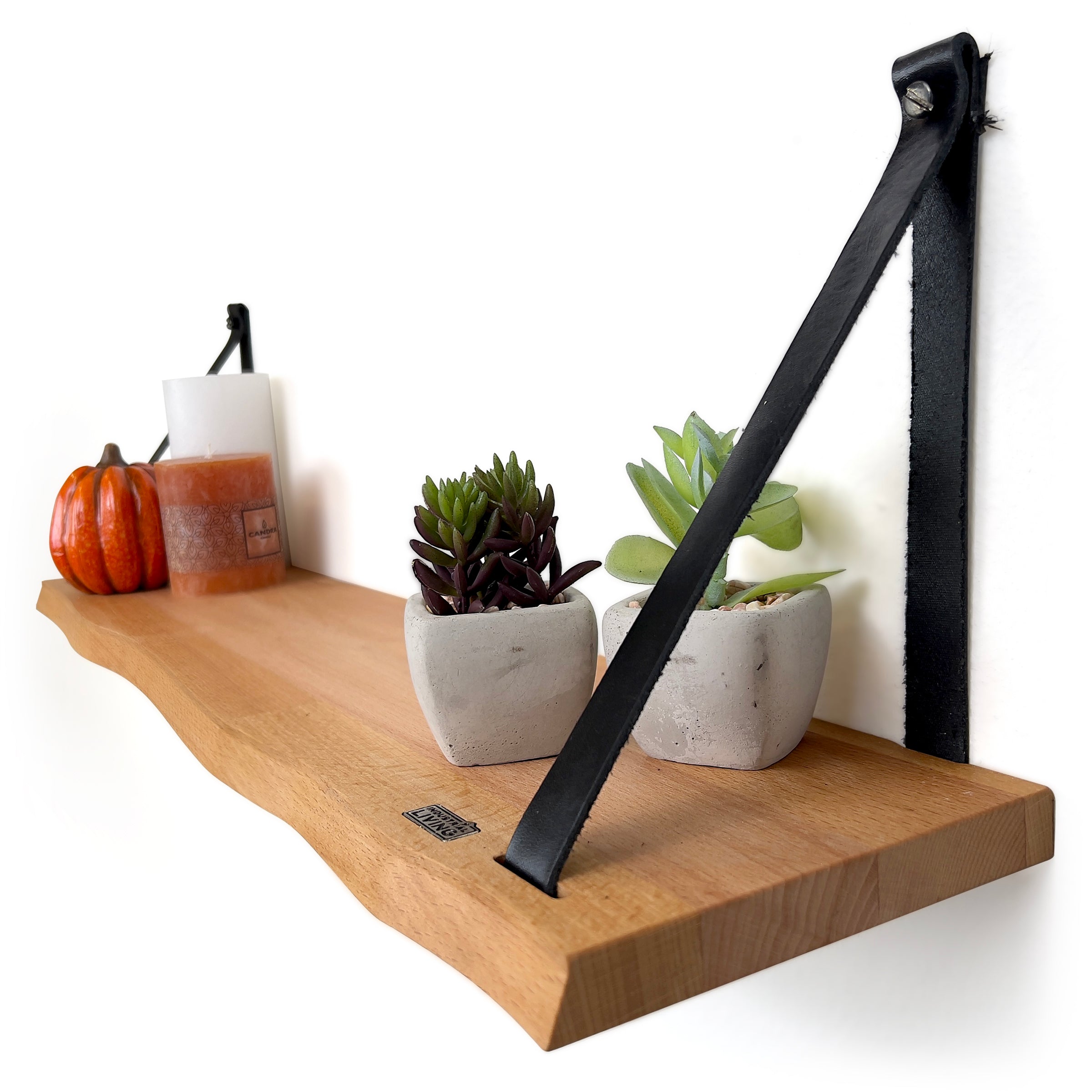 Wandplank 69 CM - Zwevende Boekenplank Met Zwarte Leren Riemen - Massief Hout