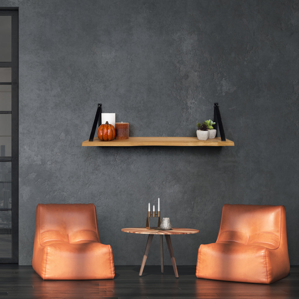 Wandplank 69 CM - Zwevende Boekenplank Met Zwarte Leren Riemen - Massief Hout