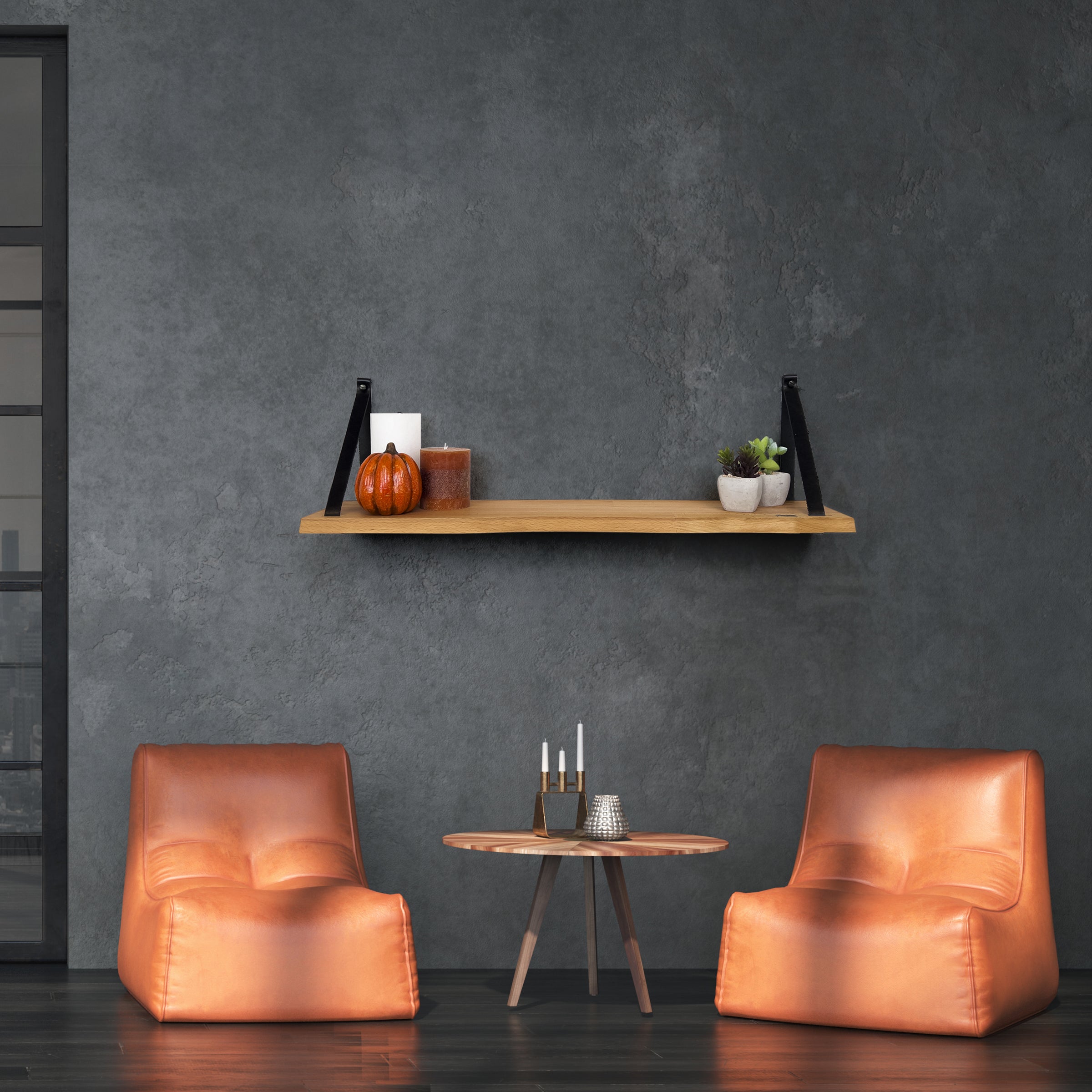 Wandplank 69 CM - Zwevende Boekenplank Met Zwarte Leren Riemen - Massief Hout