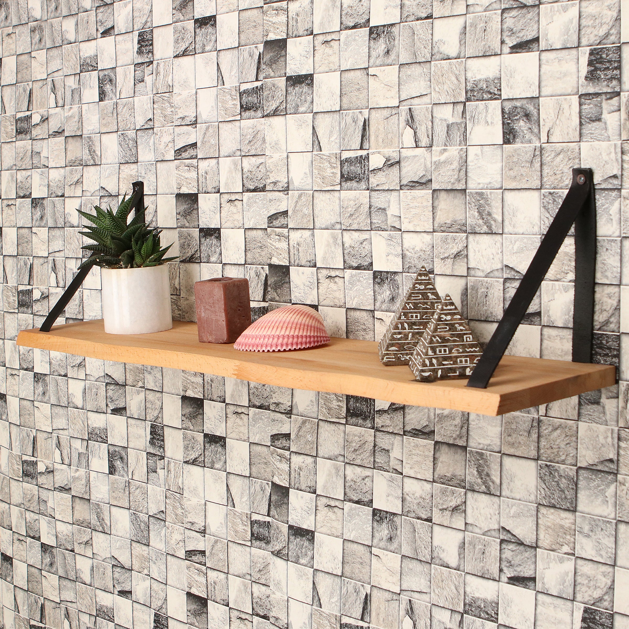 Wandplank 69 CM - Zwevende Boekenplank Met Zwarte Leren Riemen - Massief Hout