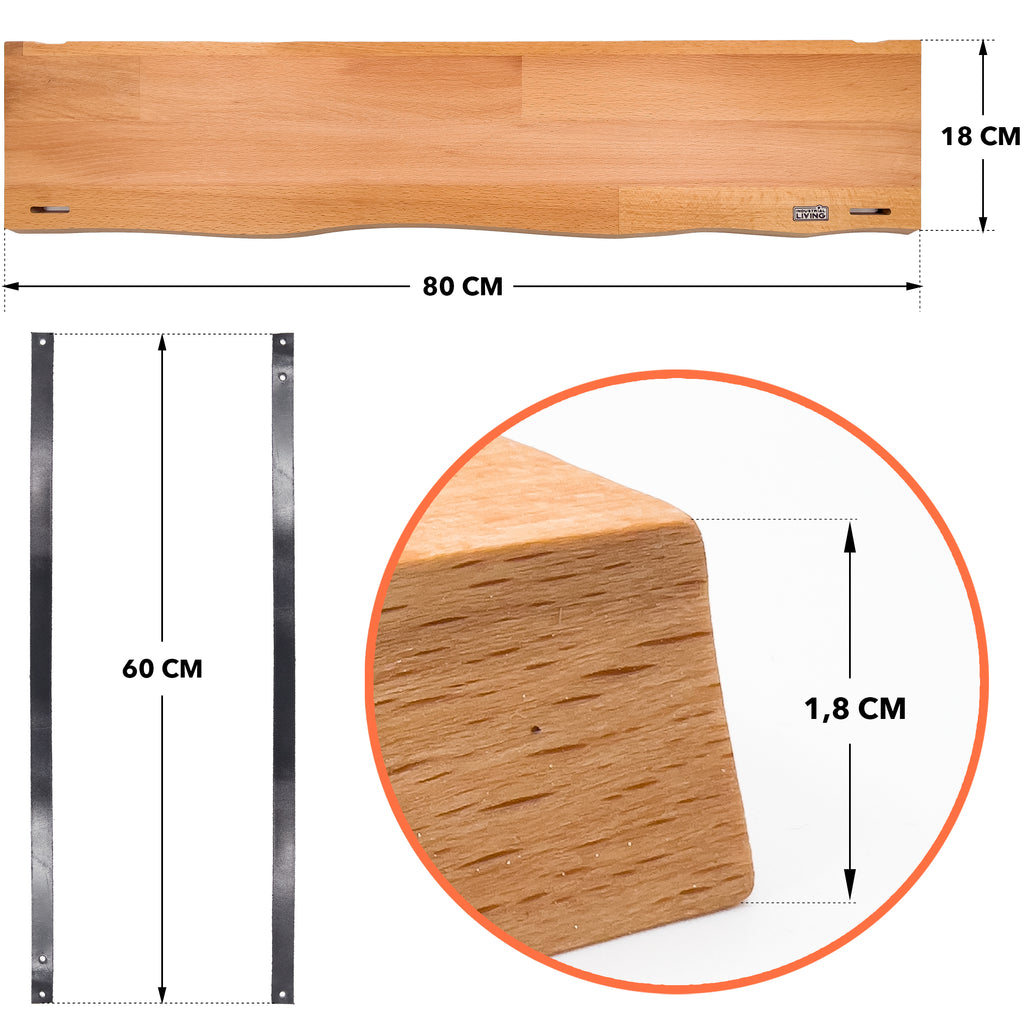 Wandplank 69 CM - Zwevende Boekenplank Met Zwarte Leren Riemen - Massief Hout