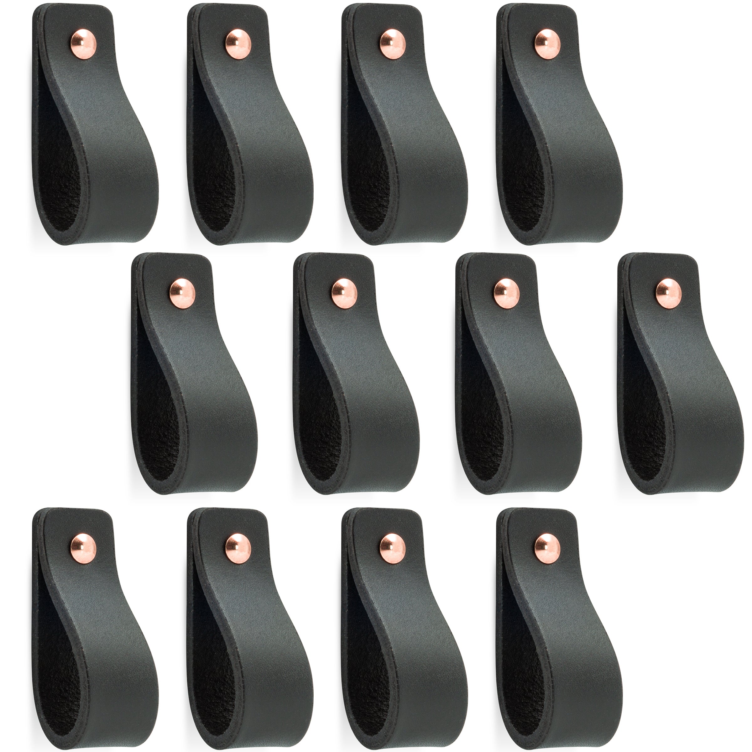 Leren Handgrepen 12 stuks – Meubelgreep – Handvaten Kast – Keukengreep – Ladegreep – Leren Lus – Incl. Sierschroeven – 100% Buffel Leer - Zwart